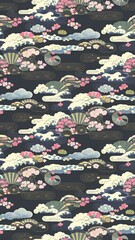 Charming Japanese motif with seamless clouds, waves, plum blossoms, sakura flowers, traditional fans, and a serene landscape featuring mountains, a bridge, and a temple.