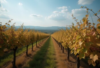 Naklejka premium Picturesque vineyard with blooming grapevines, lush green hills, and distant mountains under a partly cloudy sky