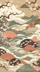 Charming Japanese motif with seamless clouds, waves, plum blossoms, sakura flowers, traditional fans, and a serene landscape featuring mountains, a bridge, and a temple.