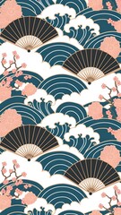 Charming Japanese motif with seamless clouds, waves, plum blossoms, sakura flowers, traditional fans, and a serene landscape featuring mountains, a bridge, and a temple.