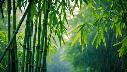Vibrant Green Bamboo Leaves with Raindrops Captured in a Lush Rainy Season Setting