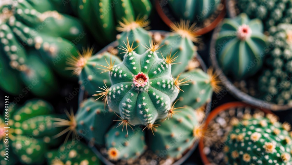 Poster vibrant green cactus close-up displaying unique patterns and textures in natural setting with potted