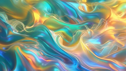 Obraz premium Vibrant, swirling fluid background with iridescent hues of blues and greens,gradually shifting to warm tones of yellows and oranges
