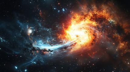Fototapeta premium A vibrant galaxy swirling with fiery oranges and deep blues, showcasing the beauty and mystery of outer space.