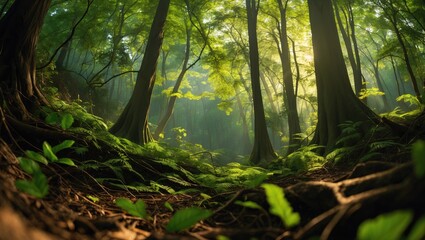 Lush Green Forest with Sunlight Filtering Through Trees and Vibrant Underbrush in an Enchanting Natural Landscape