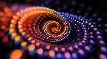 A mesmerizing swirl of vibrant colors creating a spiral effect, displaying shades of purple, orange, and blue against a dark backdrop.