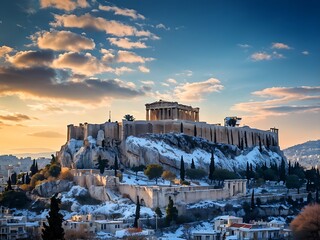 Fototapeta premium Snowy Acropolis at Sunset in Athens, Greece