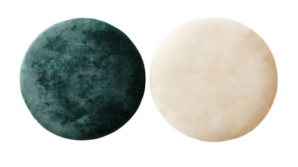 Png of Round Velvet Cushions &ndash; Dark Green and Cream Soft Decorative Pillows on transparent background.