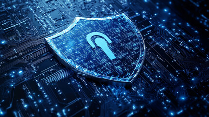 Data protection concept, online security guarantee isometric vector. Computer monitor, golden shield guards personal information on its screen, purple background with digital data stream, landing page