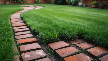 Lush Green Lawn with Curved Brick Pathway Under Soft Natural Light
