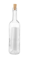 Corked glass bottle with rolled letter isolated on white