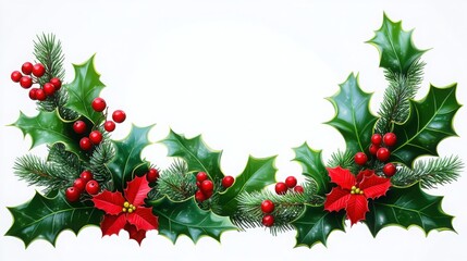 Christmas garland featuring holly leaves, red berries, and poinsettias arranged in a decorative holiday design on a white background.

