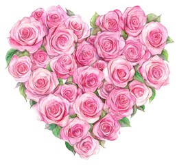 Fototapeta premium PNG A heart-shaped arrangement of pink rose roses illustration watercolor.