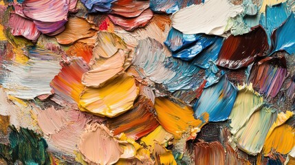 Fototapeta premium Close-up of vibrant oil paint strokes in various colors, showcasing a rich texture and depth that invites exploration of artistic expression.