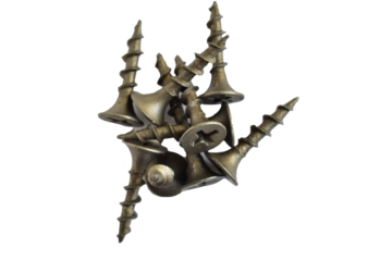 Short drywall screws lie on a white background.