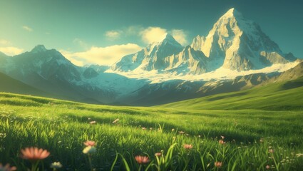 Serene Green Meadow with Vibrant Flowers and Majestic Snow-Capped Peaks Under a Clear Sky in a Peaceful Natural Landscape