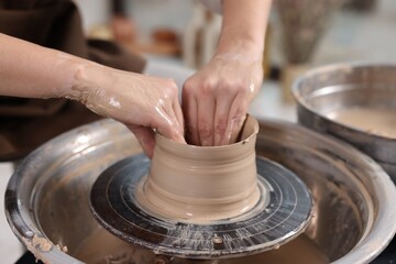 Hobby and craft. Woman making pottery indoors, closeup