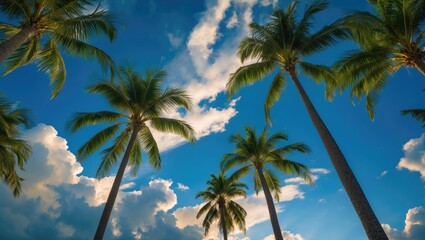 Obraz premium Lush green palm trees against a vibrant blue sky with fluffy white clouds creating a serene tropical atmosphere.