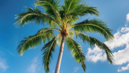 Obraz premium Lush Green Palm Tree Against a Bright Blue Sky with Puffs of White Clouds Perfect for Tropical Themes and Vacation Imagery