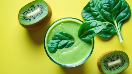 Refreshing Green Smoothie with Kiwi and Spinach on Vibrant Yellow Background for Healthy Lifestyle and Nutrition Concepts