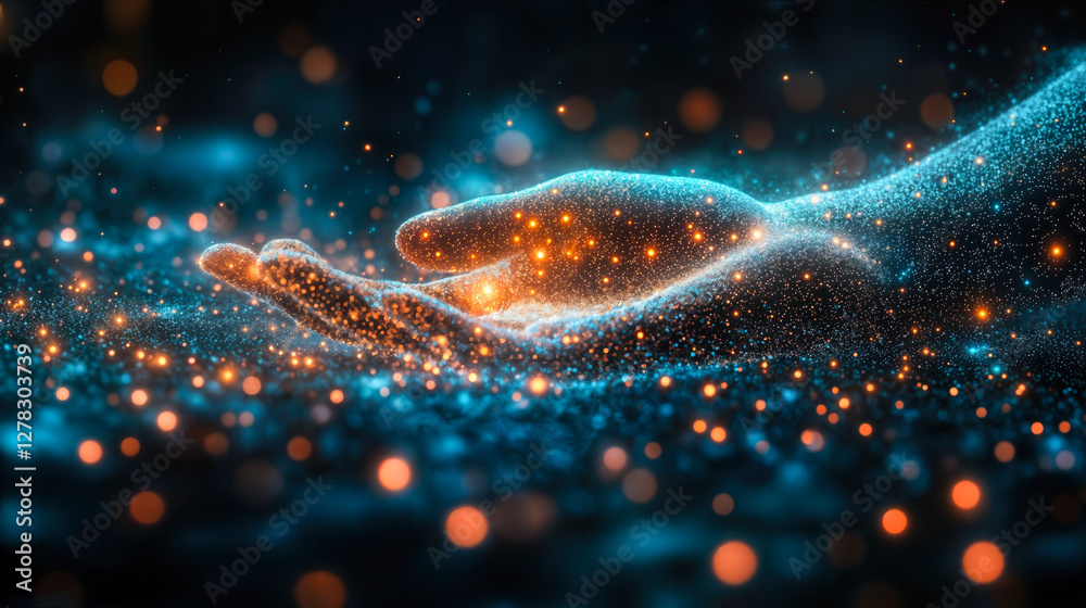 Poster digital hand rendering ai innovation and agile deployment with futuristic glowing data particles