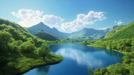 Summer landscape with river flowing in valley. Vector cartoon illustration of beautiful natural scenery, blue water in lake, green grass, trees and bushes on banks, clear sky with fluffy clouds