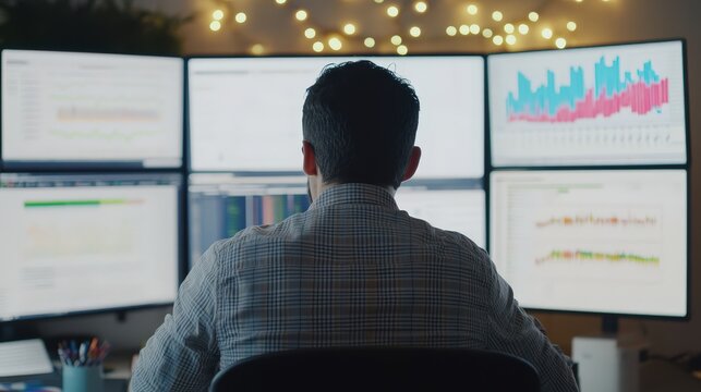A data scientist analyzing massive datasets on a multi-monitor workstation, using machine learning models