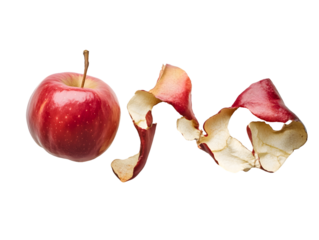 Red apple with peeled skin floating on transparent background, PNG