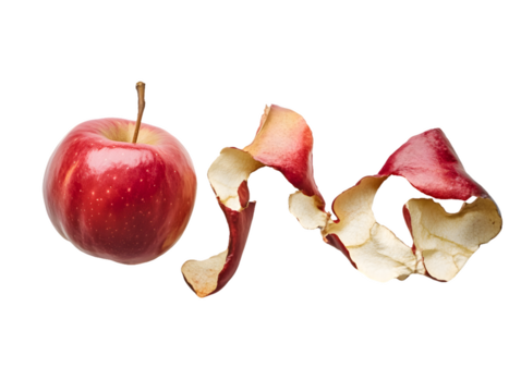 Red apple with peeled skin floating on transparent background, PNG