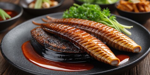 Grilled Eel Unagi Served with Sauce and Fresh Herbs on Black Plate Culinary Delight with Copy Space for Text
