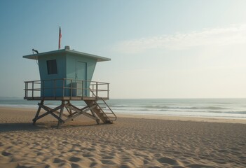  Lifeguard tower on sandy beach with clear sky symbolizing beach safety and summer