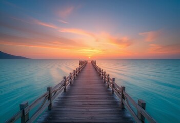 Fototapeta premium Wooden pier stretching into calm ocean waters with sunset colors creating peaceful seascape