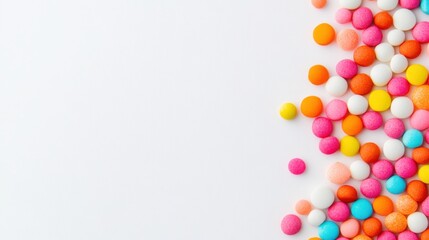 Colorful, round candies scattered on a light surface, creating a vibrant and playful aesthetic that"s perfect for celebrations or sweet treats.