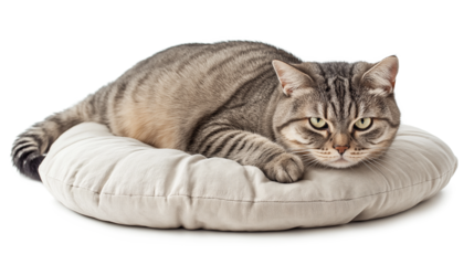 Gray tabby cat looking upset lying on sofa pillow indoors isolated on white background
