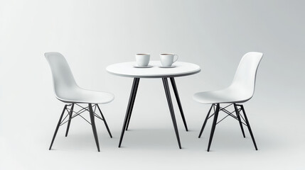 Booth round table and four chairs made from white plastic top and black legs for cafe or exhibition display. Realistic vector illustration of empty furniture for advertising and corporate presentation