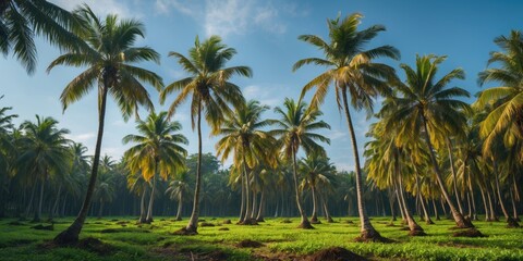 Obraz premium Lush Coconut Palm Forest Under Bright Blue Sky with Sunlight Filtering Through Leaves