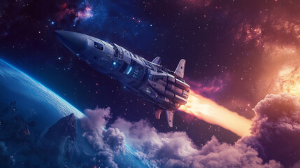 Rocket launch. Futuristic spaceship flying up from planet with smoke clouds on background of night sky with stars. Fantasy cosmos poster with space ship, vector cartoon illustration