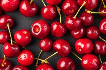 background of red cherry with a branch on a black background.