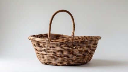 Obraz premium Handmade Wicker Basket with Curved Handle Against Light Neutral Background