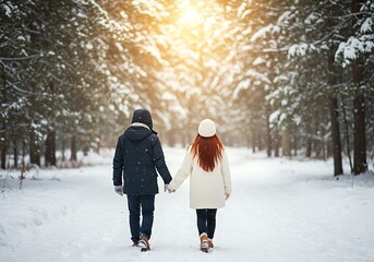 Couple Walking Hand-in-hand Through Snowy Winter Forest Landscape