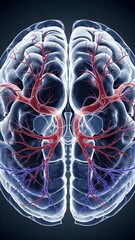 Cerebral angiogram (DSA) scan showing brain blood vessels with contrast dye, highlighting arteries in red, veins in blue, and capillaries in purple against a dark background.