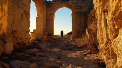 Silhouette of a lone figure walking through ancient stone arches at sunset, creating a tranquil and reflective atmosphere.