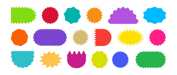 Sticker star shape, label starburst retro icon, sale price tag, colorful stamp, discount round coupon set isolated on white background. Speech cloud vector illustration