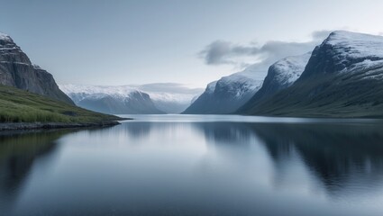Serene Hardanger Fjord Landscape with Snow-Capped Mountains and Reflective Water Under Soft Morning Light