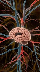 Cerebral angiogram (DSA) scan showing brain blood vessels with contrast dye, highlighting arteries in red, veins in blue, and capillaries in purple against a dark background.