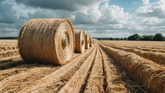 Bales of hay stacked in a golden field under a dramatic cloudy sky capturing the essence of summer agriculture and rural tranquility.