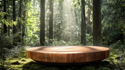 A rustic wooden platform surrounded by lush green foliage in a serene forest, with soft rays of sunlight streaming through the trees, creating a tranquil atmosphere.