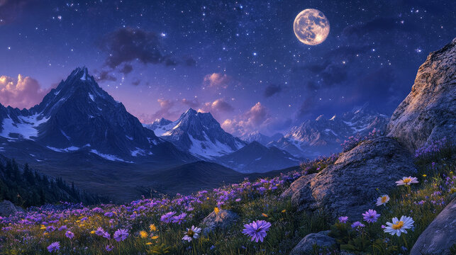 Night landscape with mountains and full moon with stars glowing over rocky peaks and flowers. Mysterious twilight scenery view with rocks. Beautiful nature nighttime scene, Cartoon vector background
