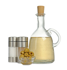 Vinegar, spices and olives isolated on white