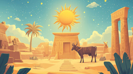 Stone board or clay plate with god Ra on star-covered cow back, goddess Nut and Egyptian hieroglyphs cartoon vector illustration. Ancient paper, graphical user interface for game design on white